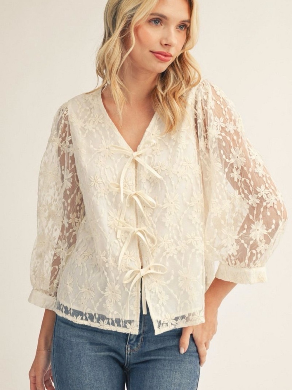 Jodifl Lace Tie-Front Peasant Blouse - Cream